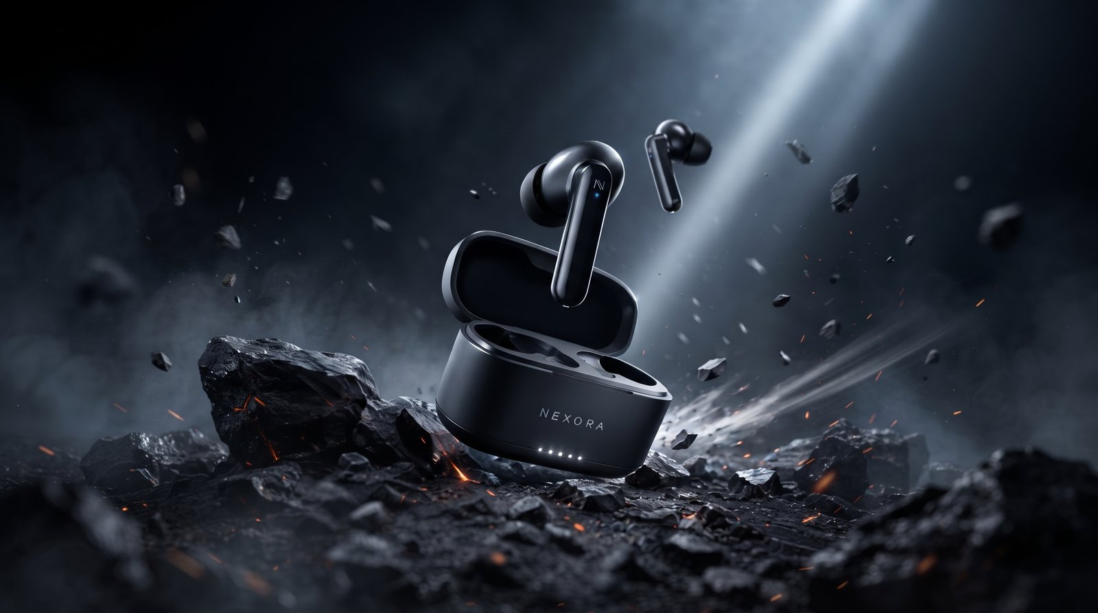 Commercial studio product shot of Nexora MOVE earbuds