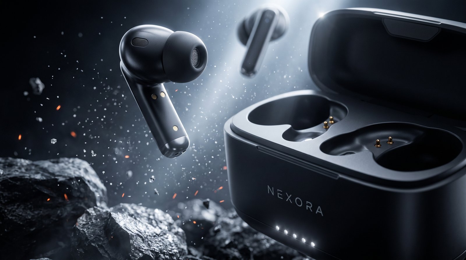 Macro detail of Nexora MOVE charging contacts and acoustic nozzle